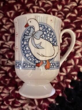 White Ceramic Goose Accent Coffee Mug with Blue Pattern